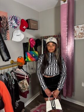 adidas Black & White Logo-Print Varsity Jacket Crop